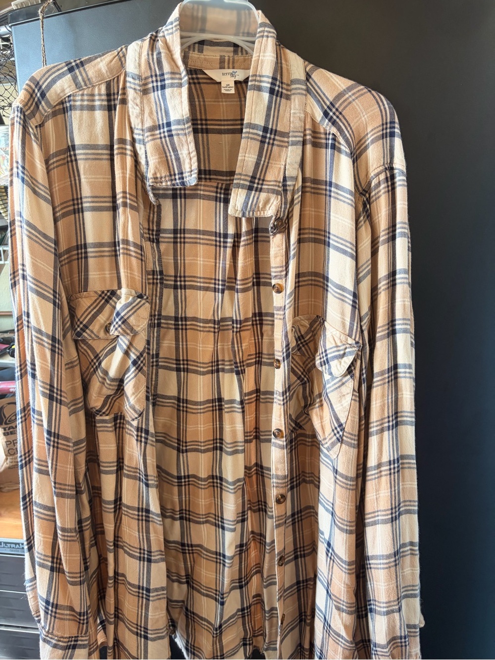 Terra & Sky Beige and Navy Plaid Button-Down Shirt
